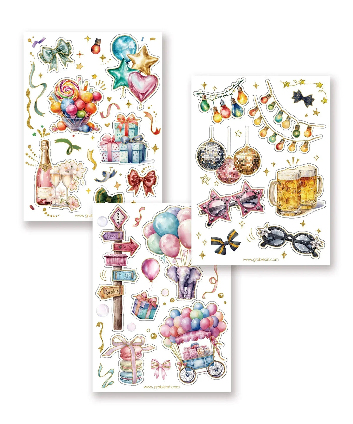 Three colorful sheets from the 8 Sheets Grabie Exclusive New Year Sticker Set featuring balloons, gifts, and festive items.