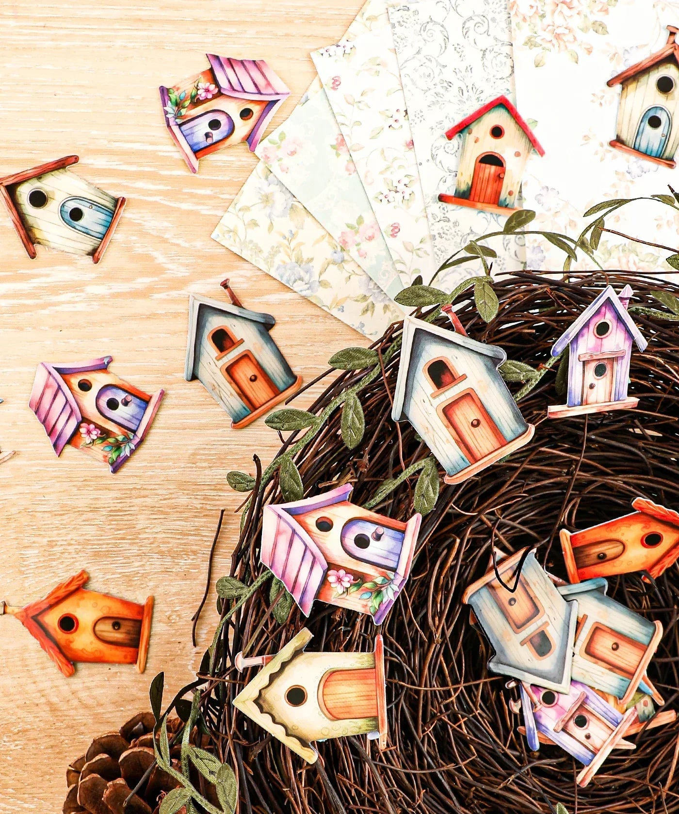 20 Pcs Grabie Exclusive Fairybird House Sticker Set with colorful birdhouse designs displayed on a wooden surface and nest