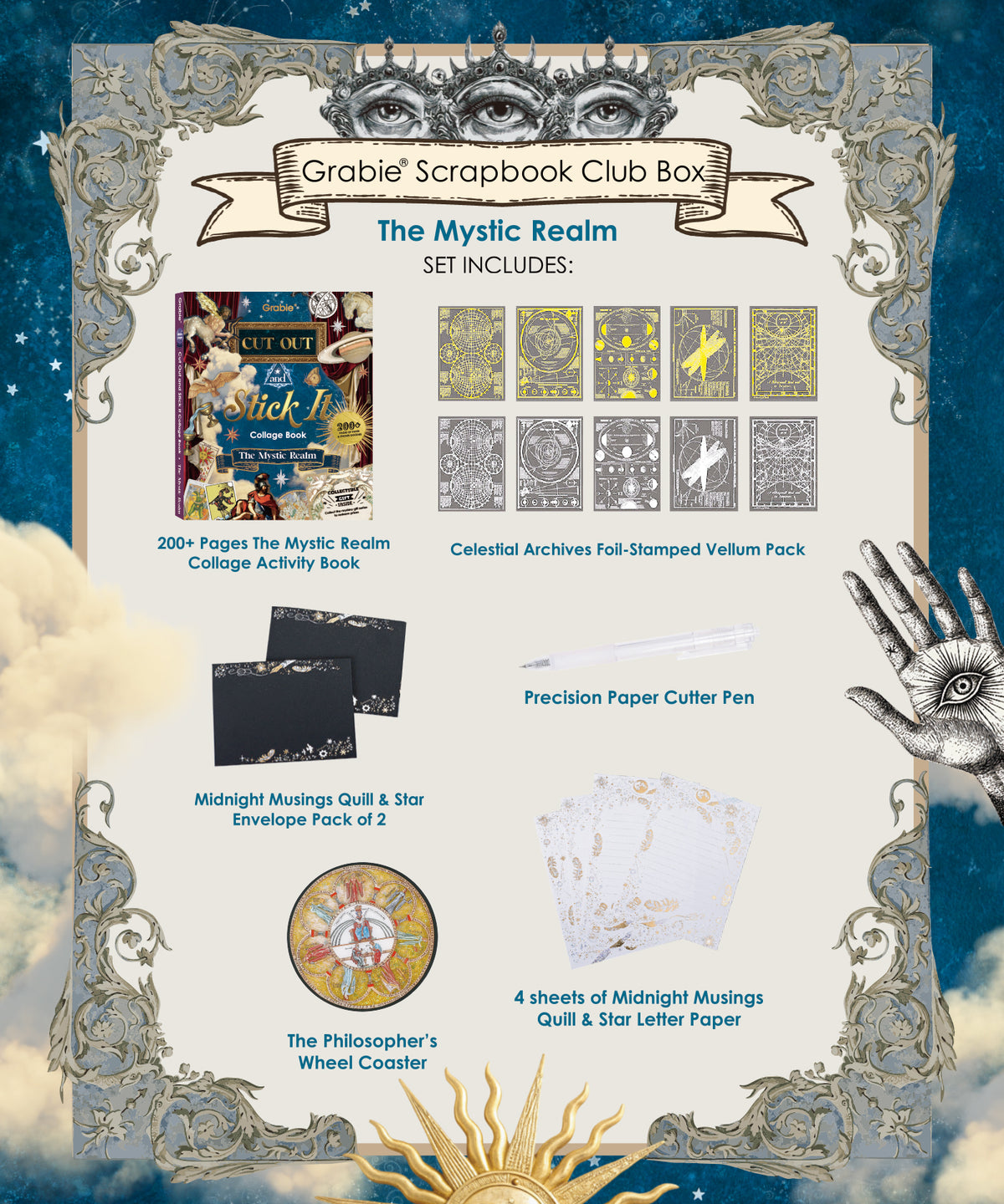 Grabie Scrapbook Club Box featuring collage book, foil-stamped vellum, paper cutter pen, coasters, and letter papers.