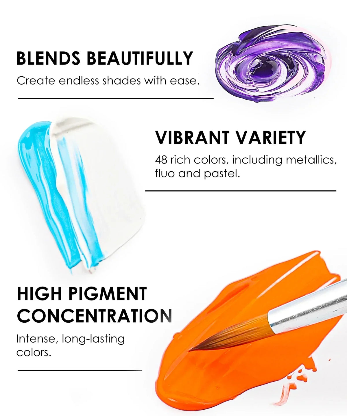 Premium Acrylic Paint Set - 22ml Tubes showing blended purple, blue, white, and orange paint with brush strokes.