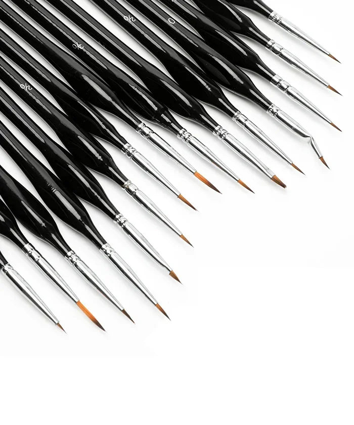 15 Pcs Miniature Detail Brush Set with black handles and fine tips for precise art supplies like watercolor and scrapbook projects