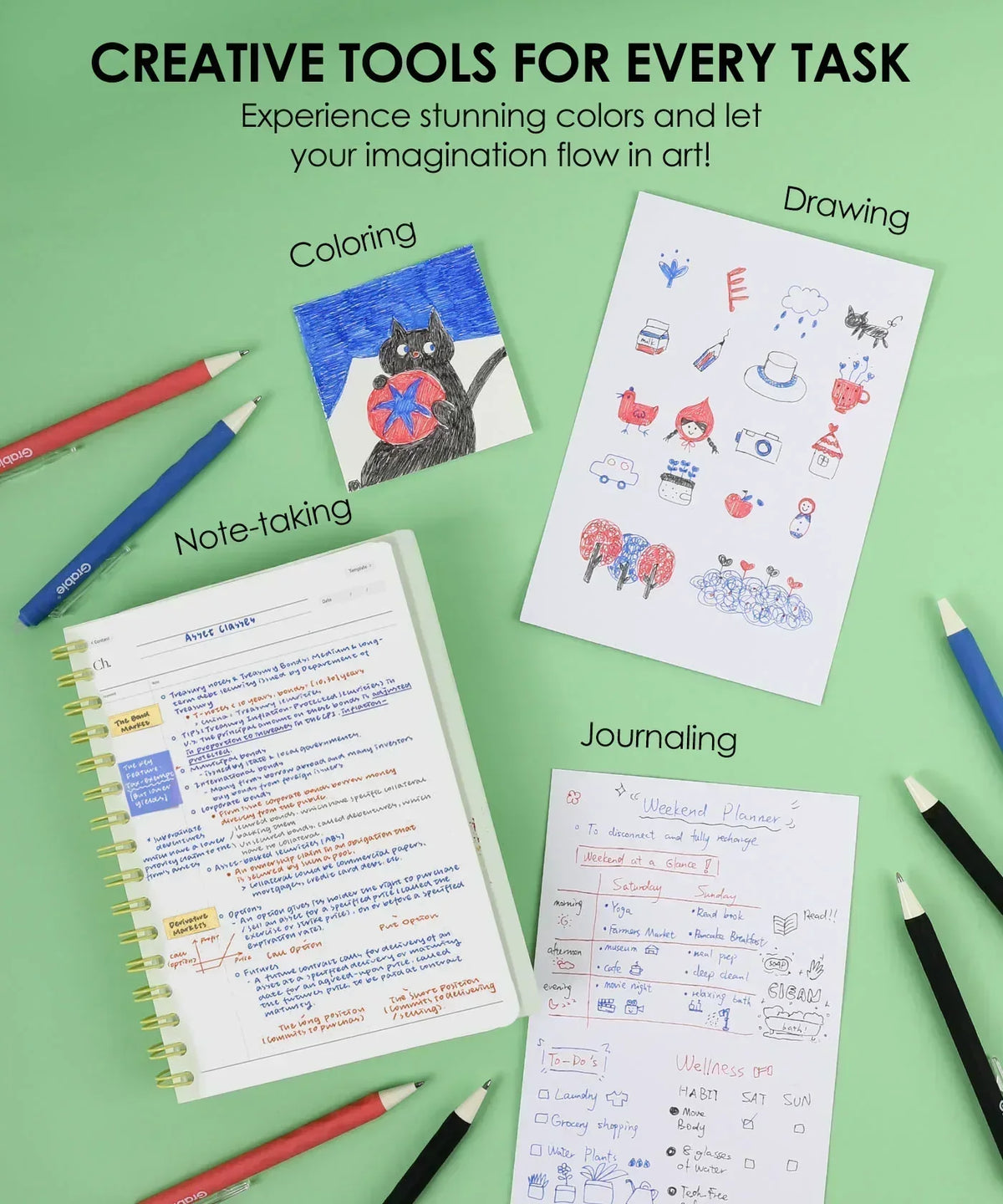 Medium Point Erasable Gel Pen Set displayed with colorful drawings, notes, and journaling on green background.