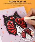 Hand drawing a colorful, detailed three-eyed cat design using Trace & Color Drawing Kit markers on tracing paper.