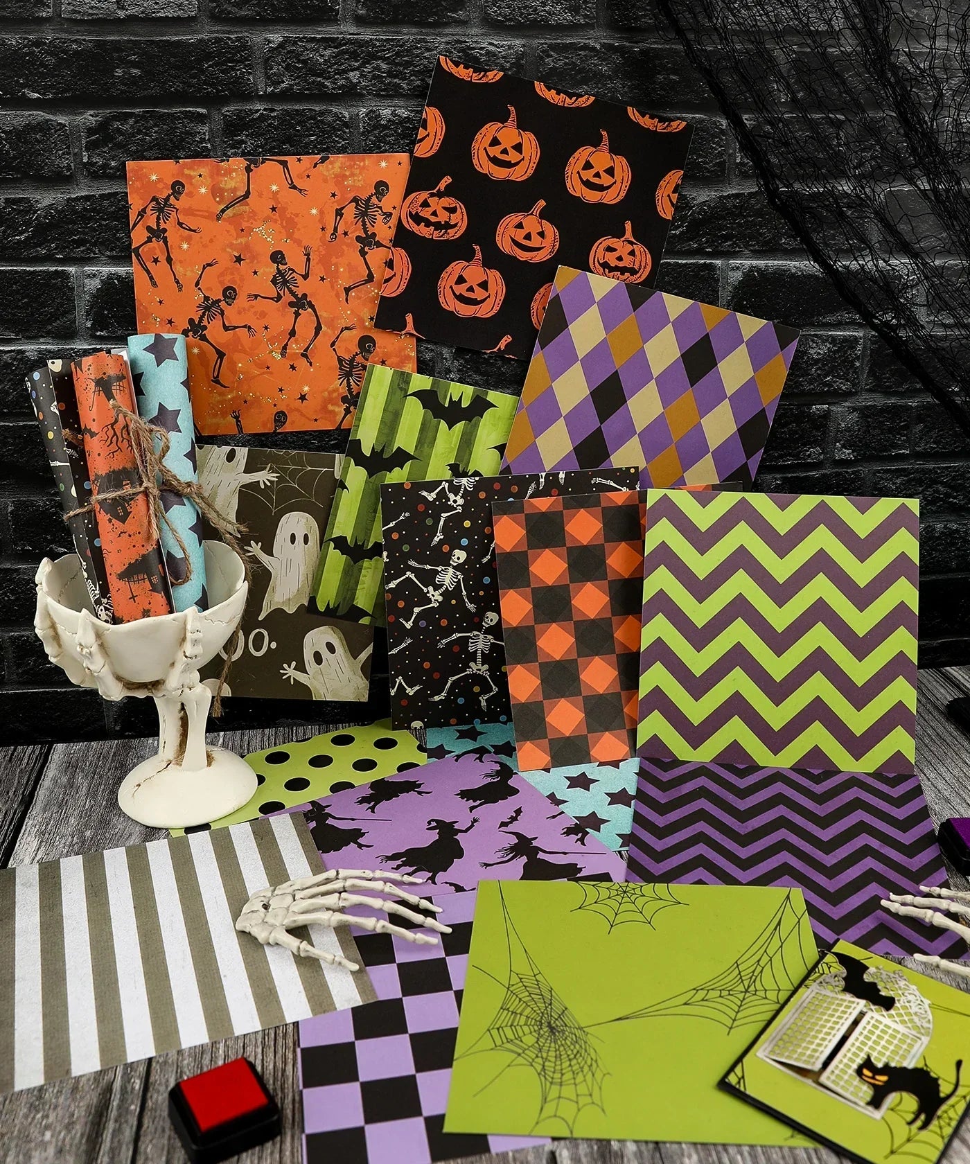 16 Sheets Grabie Exclusive Halloween Party Paper Set with spooky patterns for creative Halloween crafting and scrapbooking projects