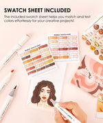 Dual-Tip Skin Tone Alcohol-Based Marker Set of 36 with swatch sheets and hand coloring a portrait illustration.