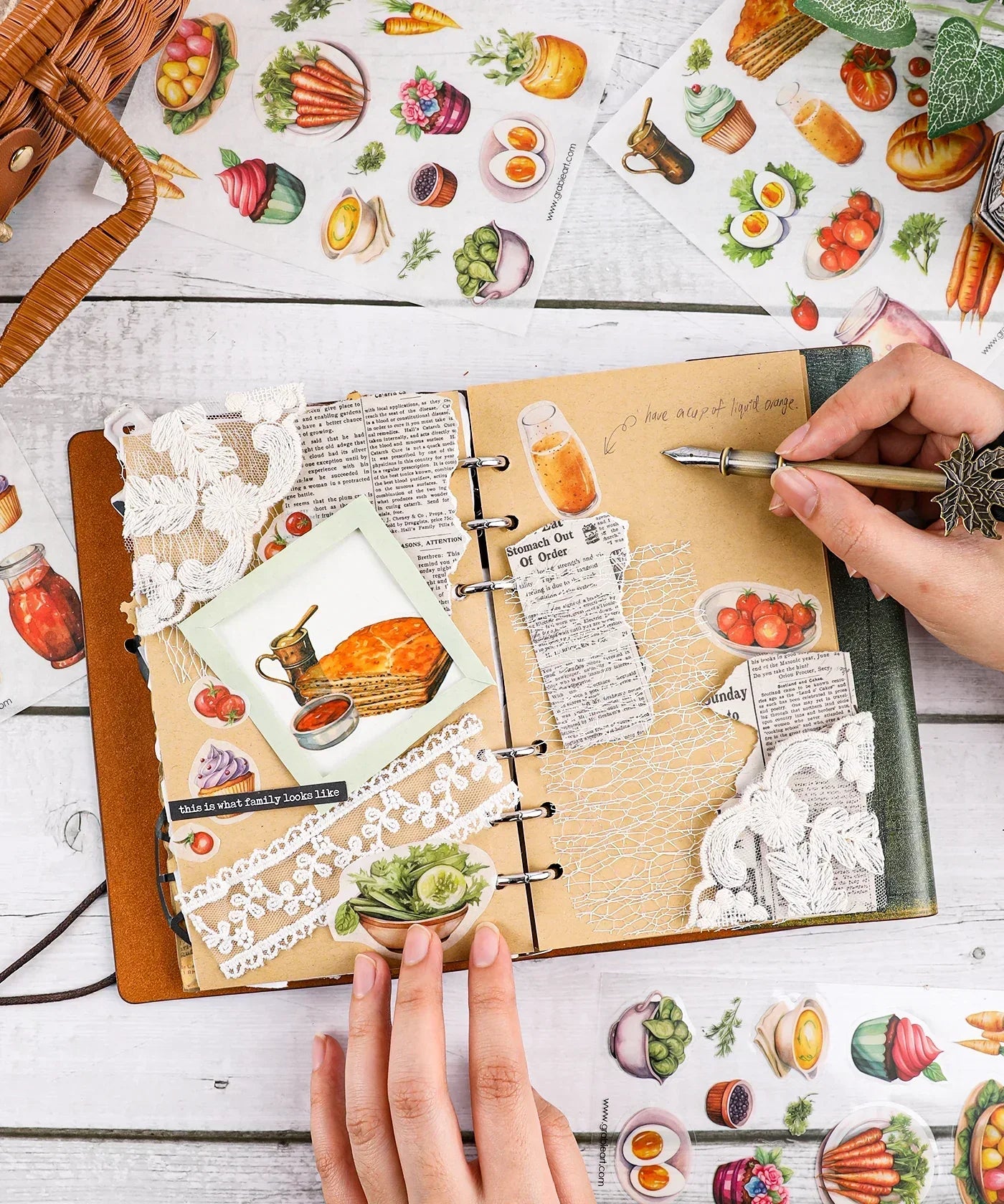 Person decorating a scrapbook using 6 Sheets Grabie Exclusive Farmer's Market Sticker Set with food and market-themed designs