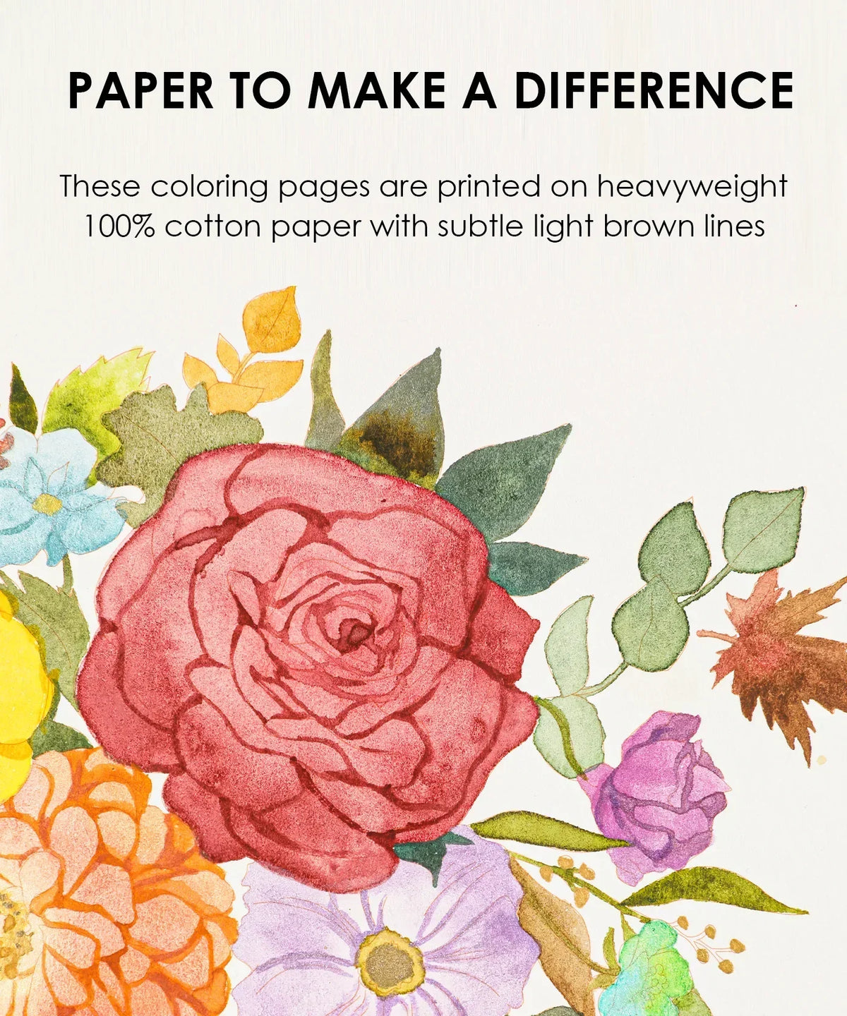 15 Sheets 140LB Autumn-Themed Watercolor Coloring Book showing heavyweight cotton paper and watercolor floral artwork
