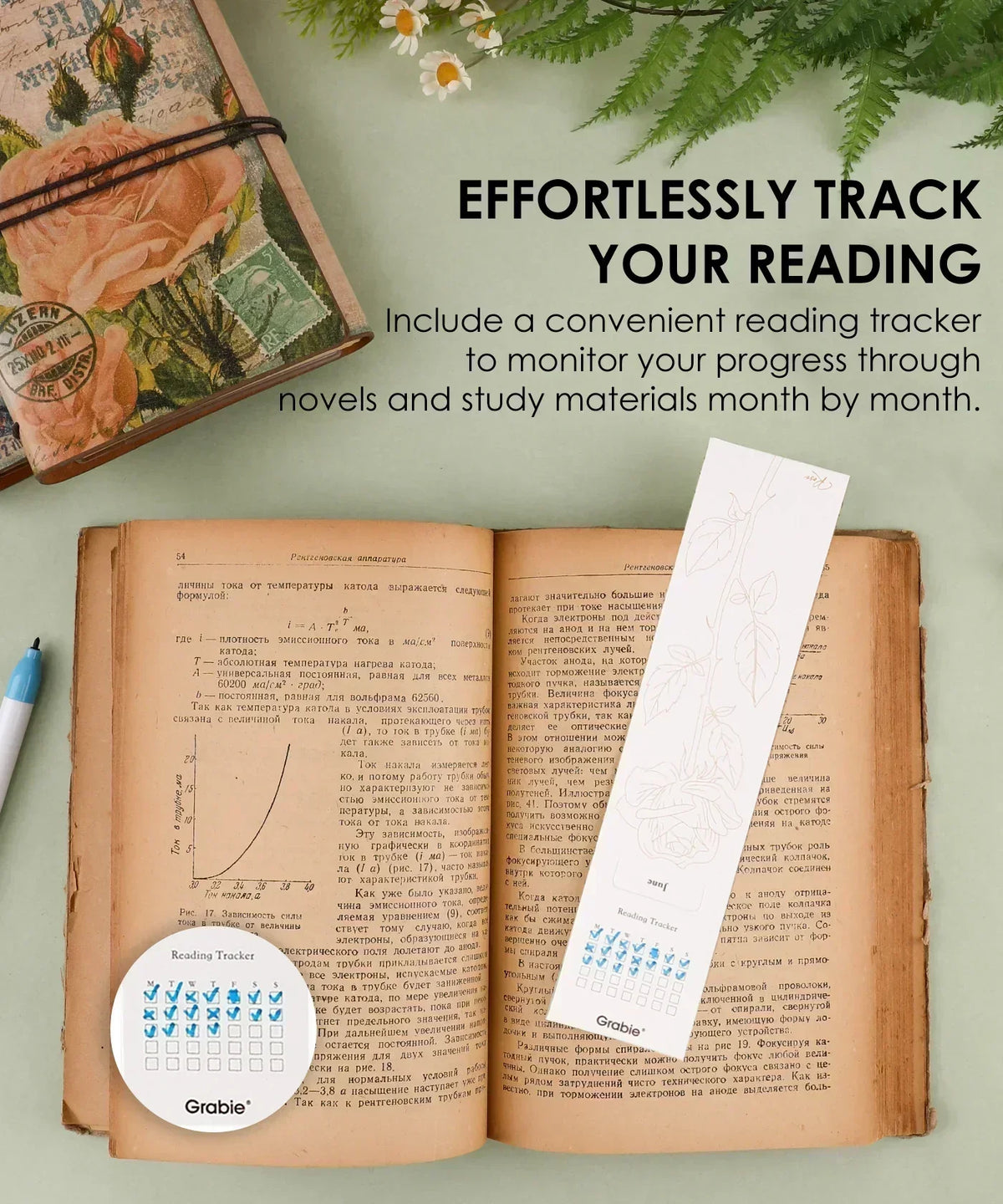 The Watercolor Beginner‘s Bundle showing a floral bookmark and reading tracker with art supplies on a book background