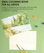 15 Sheets 140LB Forest-Themed Watercolor Coloring Book with nature scene, paintbrushes, and watercolor paints displayed on green background