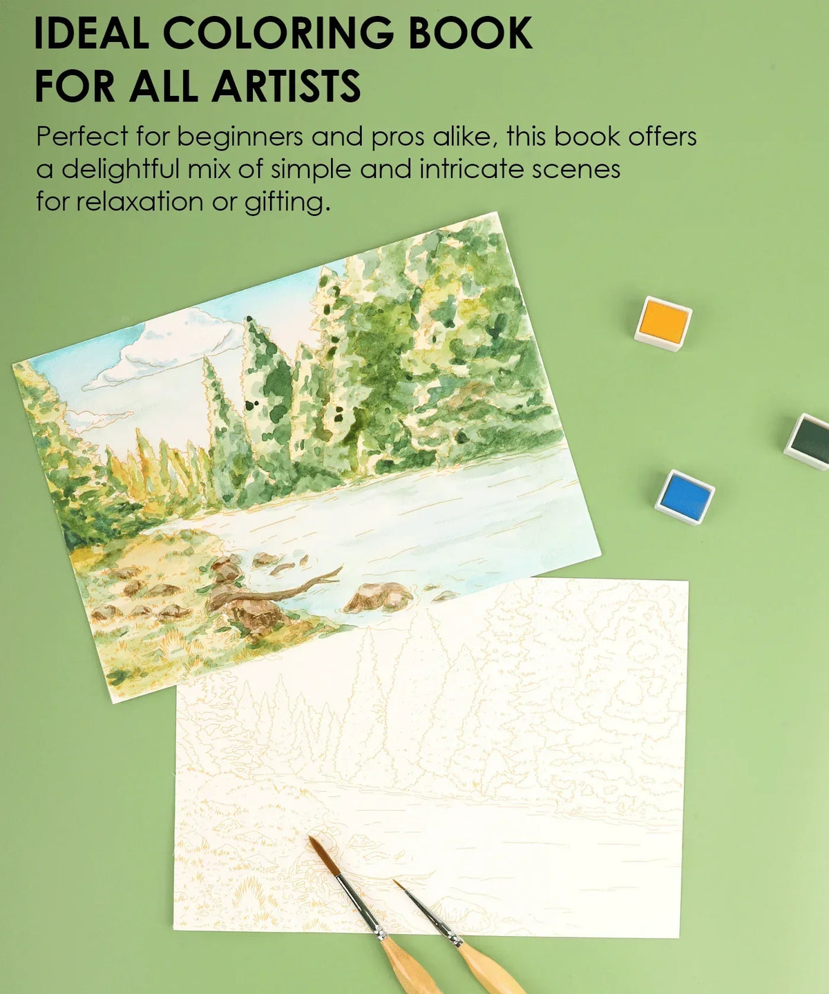 15 Sheets 140LB Forest-Themed Watercolor Coloring Book with nature scene, paintbrushes, and watercolor paints displayed on green background