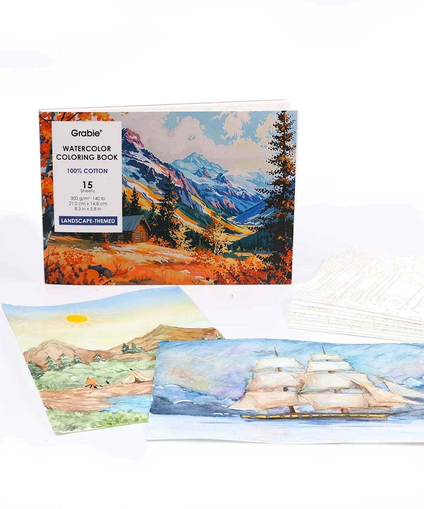 15 Sheets 140LB Landscape-Themed Watercolor Coloring Book with painted nature and ship scenes on white background