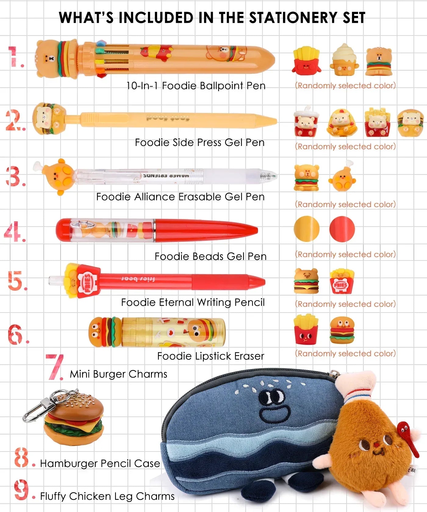 Mouthwatering Foodie Stationery Set Of 9 featuring novelty pens, erasers, charms, and a hamburger pencil case with cute designs.