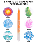 Six creative drawing techniques including stippling, gradient, and fibers using a Grabie x Peanuts acrylic gel pen.