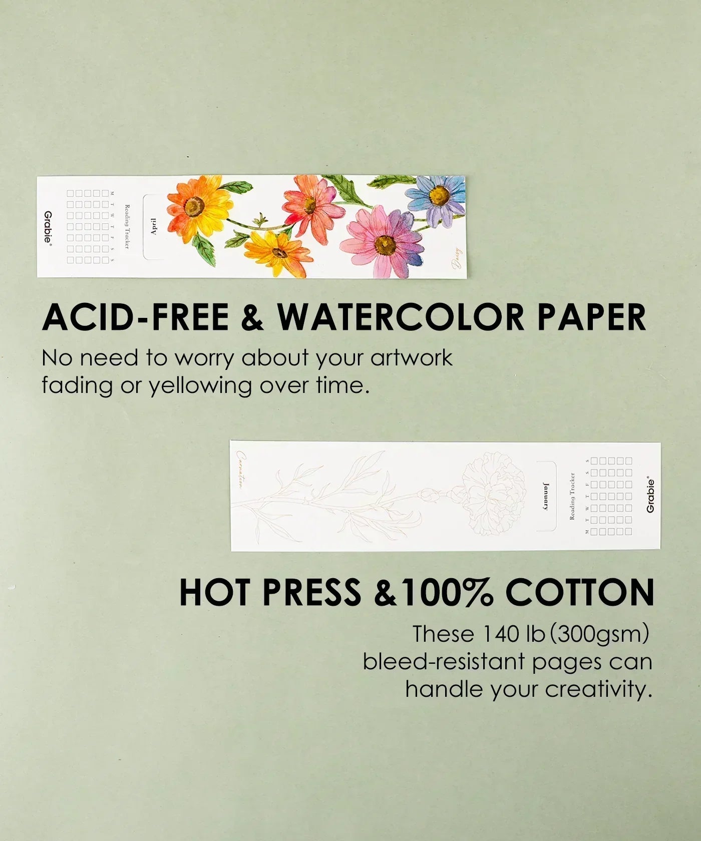 The Watercolor Beginner‘s Bundle showcasing acid-free watercolor paper with floral designs and cotton, hot press finish pages.
