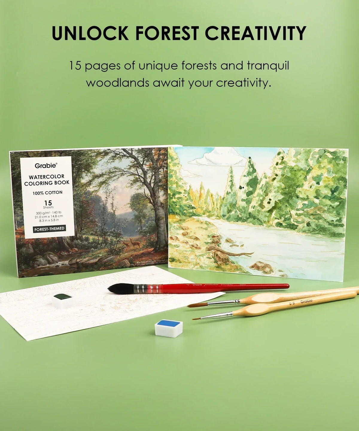 Forest-Themed Watercolor Coloring Club Box with brushes, watercolor set, and open forest landscape coloring book pages