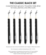Medium Point Erasable Gel Pen Set with six black gel pens ideal for notes, planners, office, and art supplies use.
