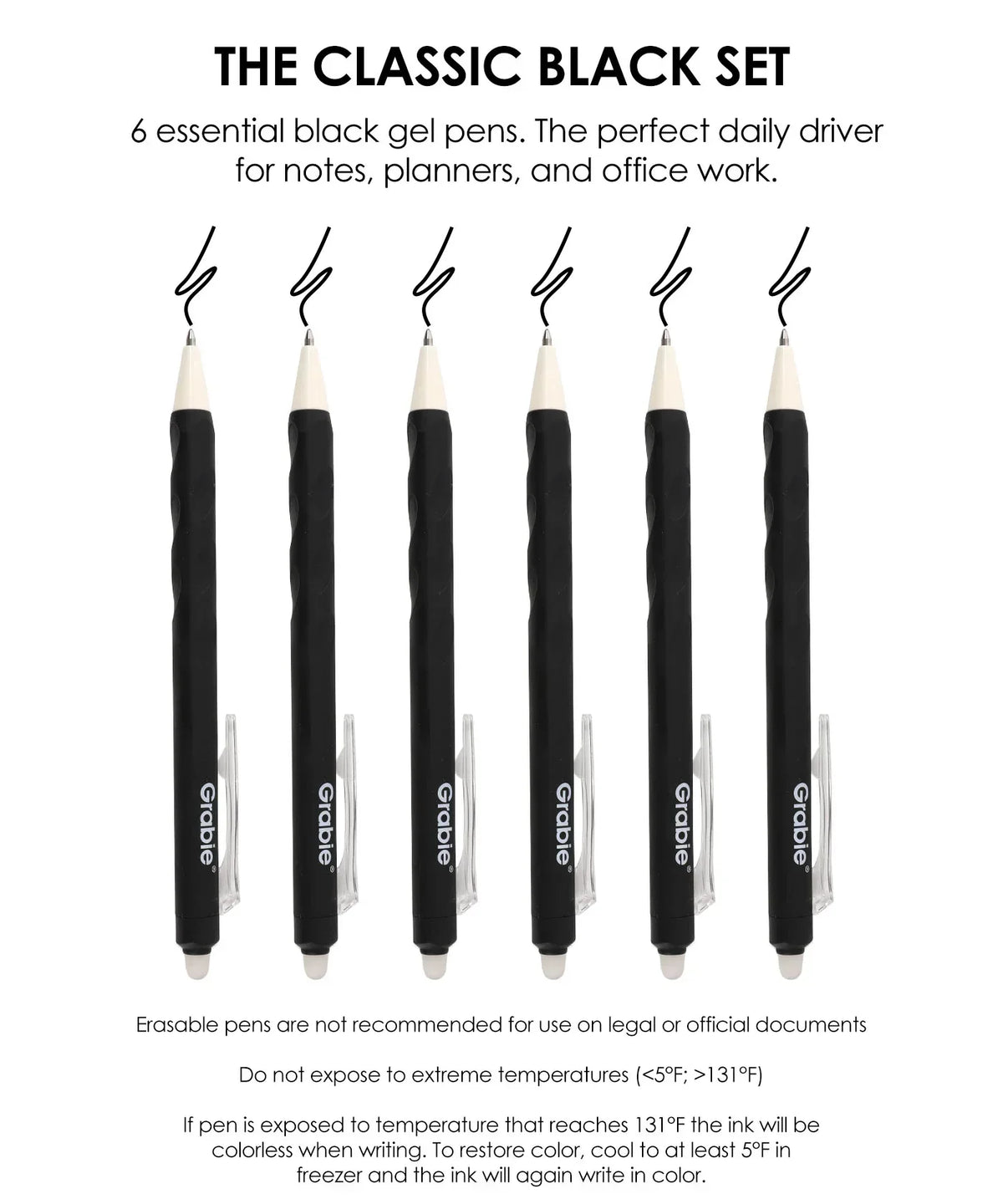 Medium Point Erasable Gel Pen Set with six black gel pens ideal for notes, planners, office, and art supplies use.
