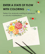 15 Sheets 140LB Autumn-Themed Watercolor Coloring Book with brushes and paint pans and floral design on green background