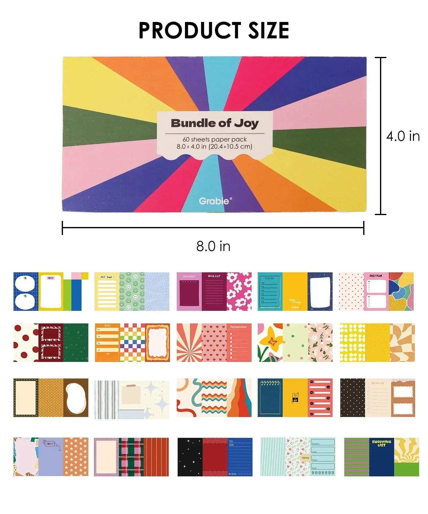 60 Sheets Grabie Exclusive Bundle Of Joy Desktop Notepad Jotter showing colorful paper sheets size 8 by 4 inches
