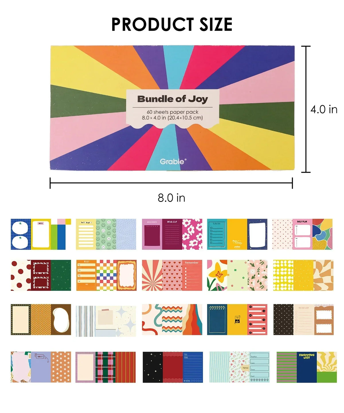 60 Sheets Grabie Exclusive Bundle Of Joy Desktop Notepad Jotter showing colorful paper sheets size 8 by 4 inches