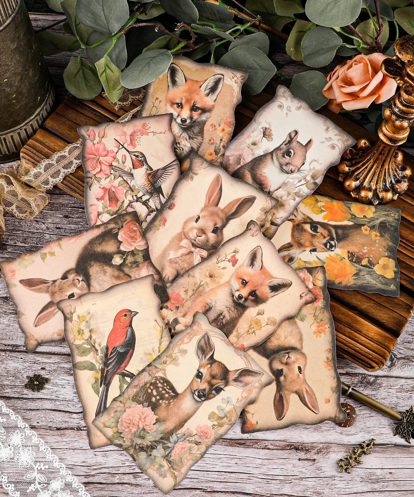 20 Sheets Grabie Exclusive Silent Woodland Paper Set featuring vintage animal illustrations for scrapbooking and art supplies