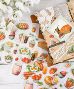 6 Sheets Grabie Exclusive Farmer's Market Sticker Set featuring watercolor food and drink art supplies for scrapbooking and journaling.