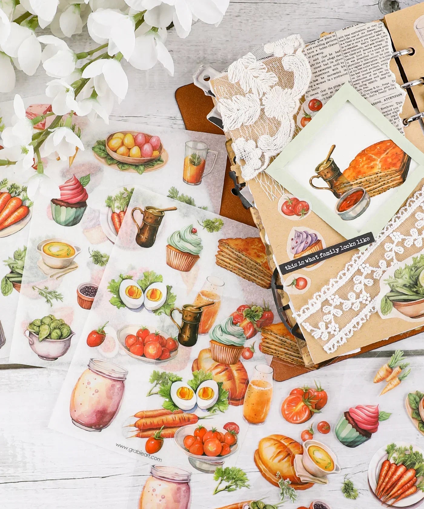 6 Sheets Grabie Exclusive Farmer's Market Sticker Set featuring watercolor food and drink art supplies for scrapbooking and journaling.