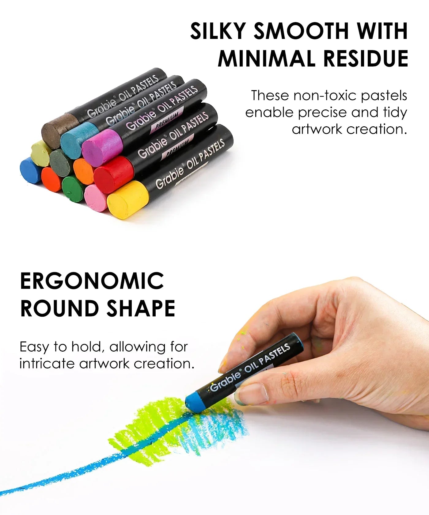 Premium Oil Pastel Set Of 6 showing vibrant colors and ergonomic round shape for precise, smooth art creation with minimal residue.