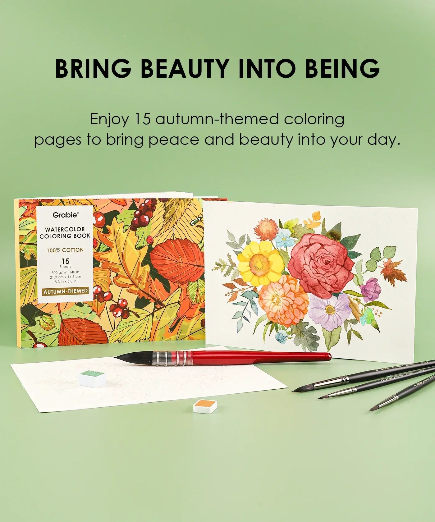 Autumn-Themed Watercolor Coloring Club Box with floral watercolor art, brushes, and autumn leaf design on cover.