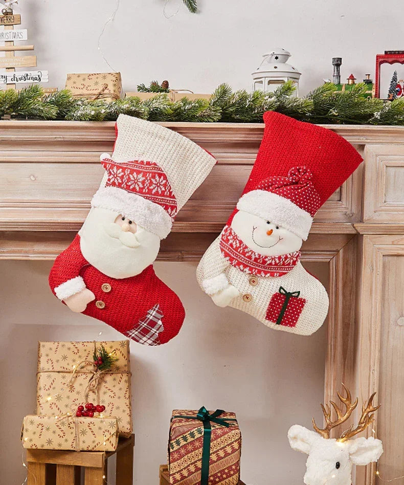 2 Pcs Large Size Christmas Stockings For Gift featuring Santa and snowman designs hanging on a fireplace mantel