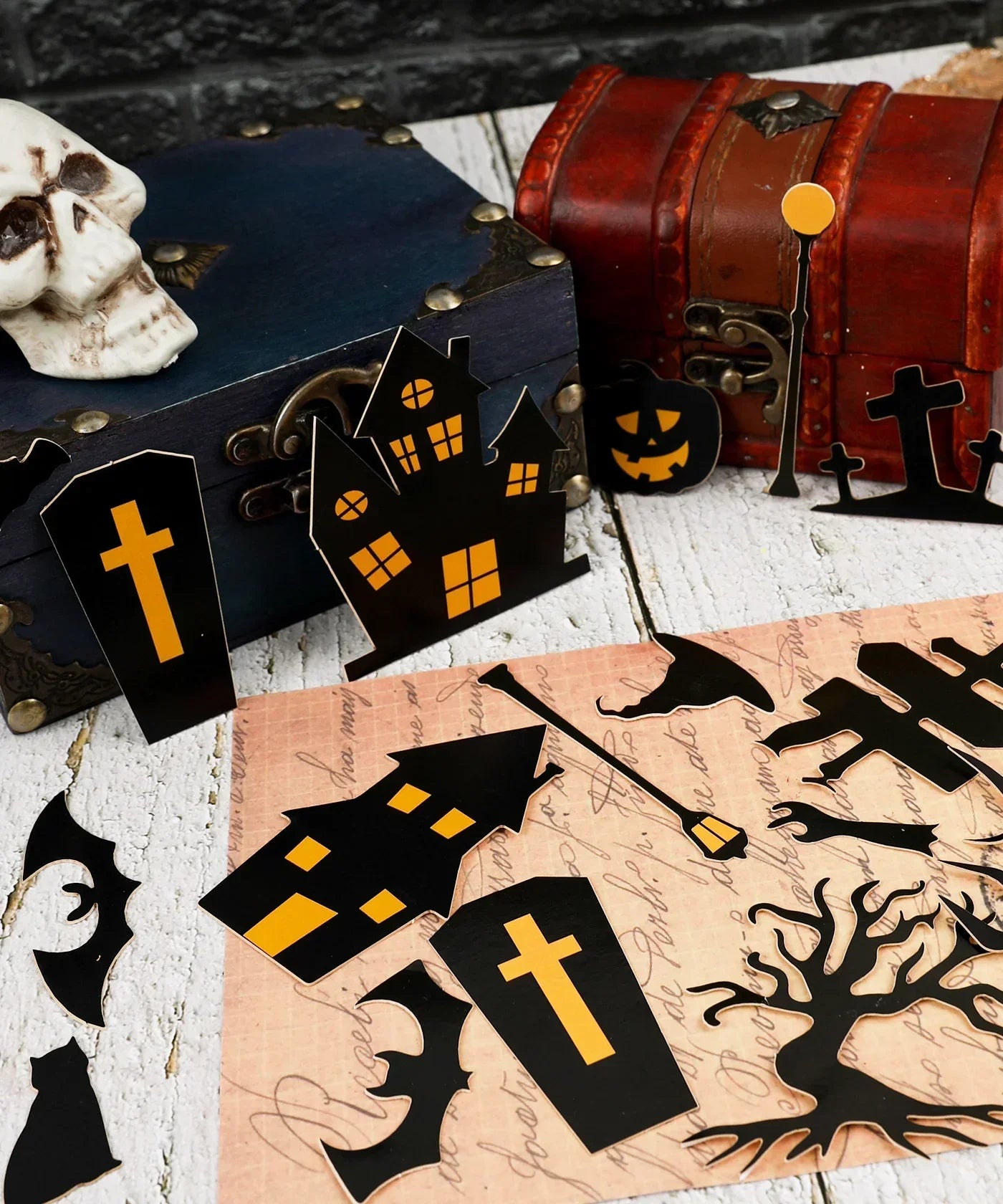 Halloween-themed black and orange paper stickers with haunted houses, coffins, trees, bats, and pumpkins from the 50 Pcs Grabie Exclusive Such a Fright Sticker Set