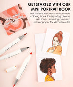 Dual-Tip Skin Tone Alcohol-Based Marker Set of 36 with mini portrait book and colored drawings of diverse skin tones