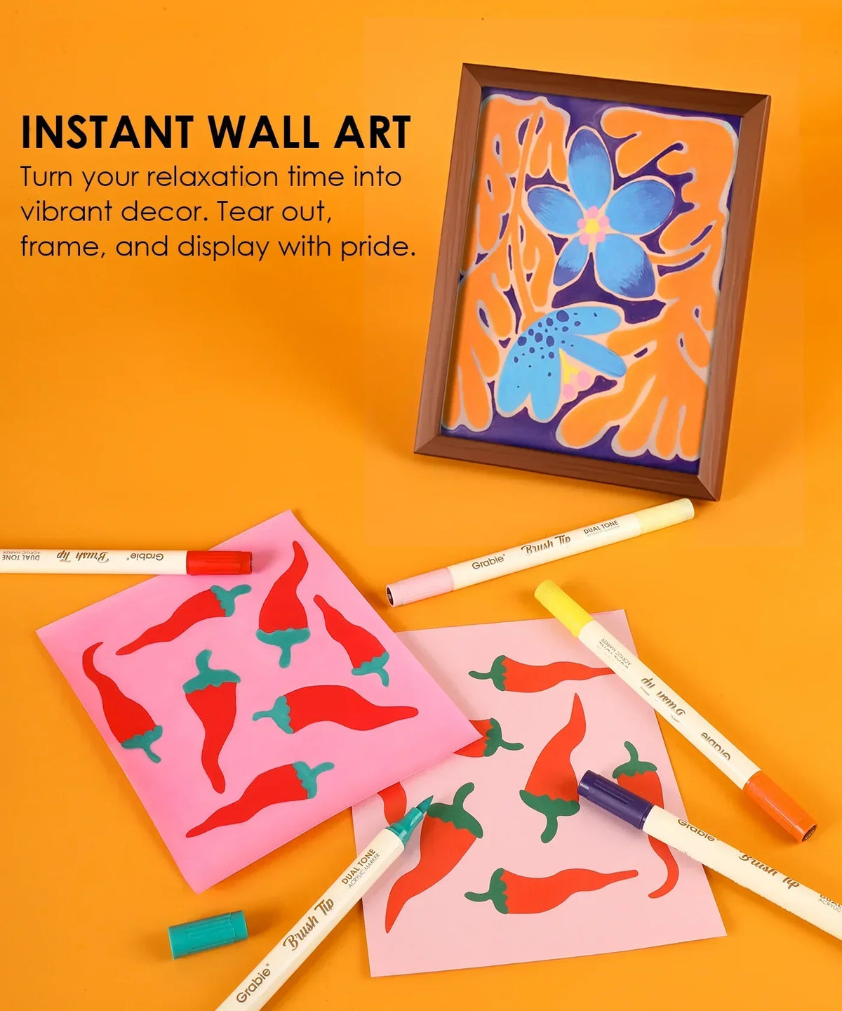 Trace & Color Drawing Kit with markers and colorful chili pepper and floral artwork for instant wall art decor.