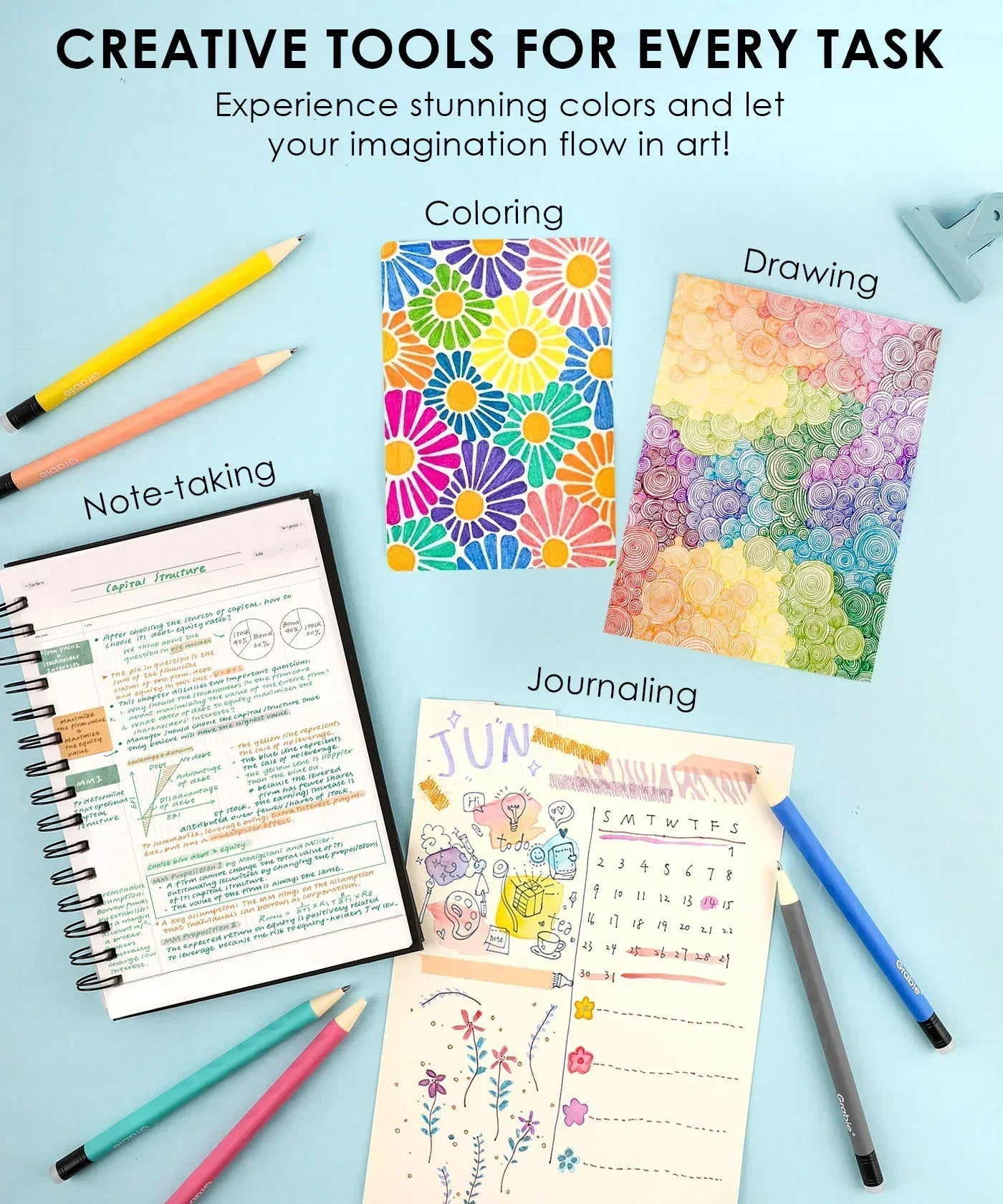 Creative tools spread on blue surface showing notes, colorful drawings, and journaling with Medium Point Erasable Gel Pen Set