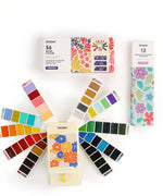 Foldable Watercolor Set Of 56 With 140LB Watercolor Coloring Bookmarks featuring vibrant color palettes and floral packaging design
