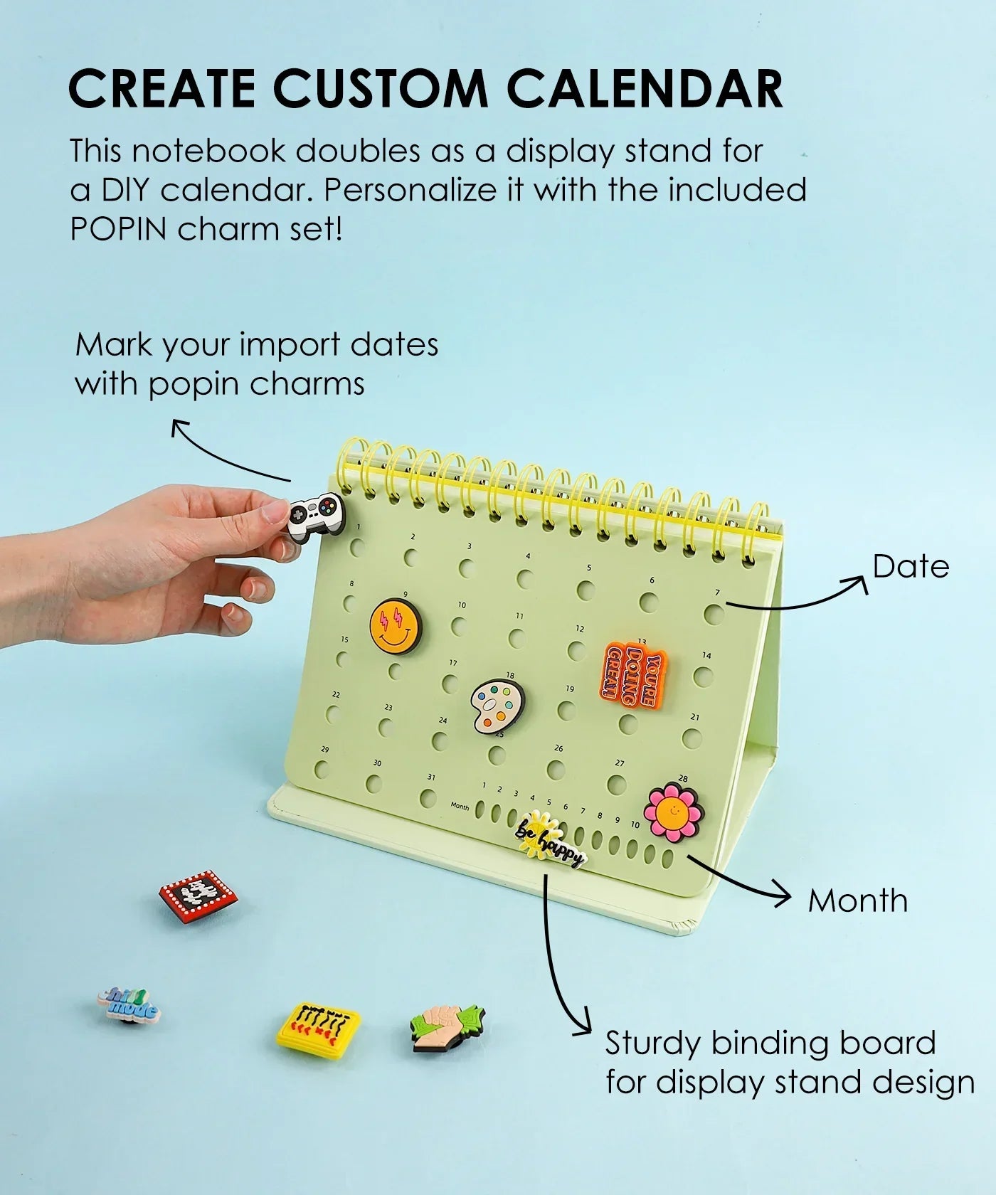 2-IN-1 POPIN Notebook shown as a custom calendar with colorful popin charms marking dates and months