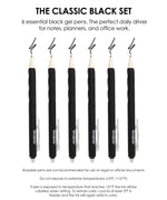 Medium Point Erasable Gel Pen Set showing six black gel pens ideal for notes planners and office work