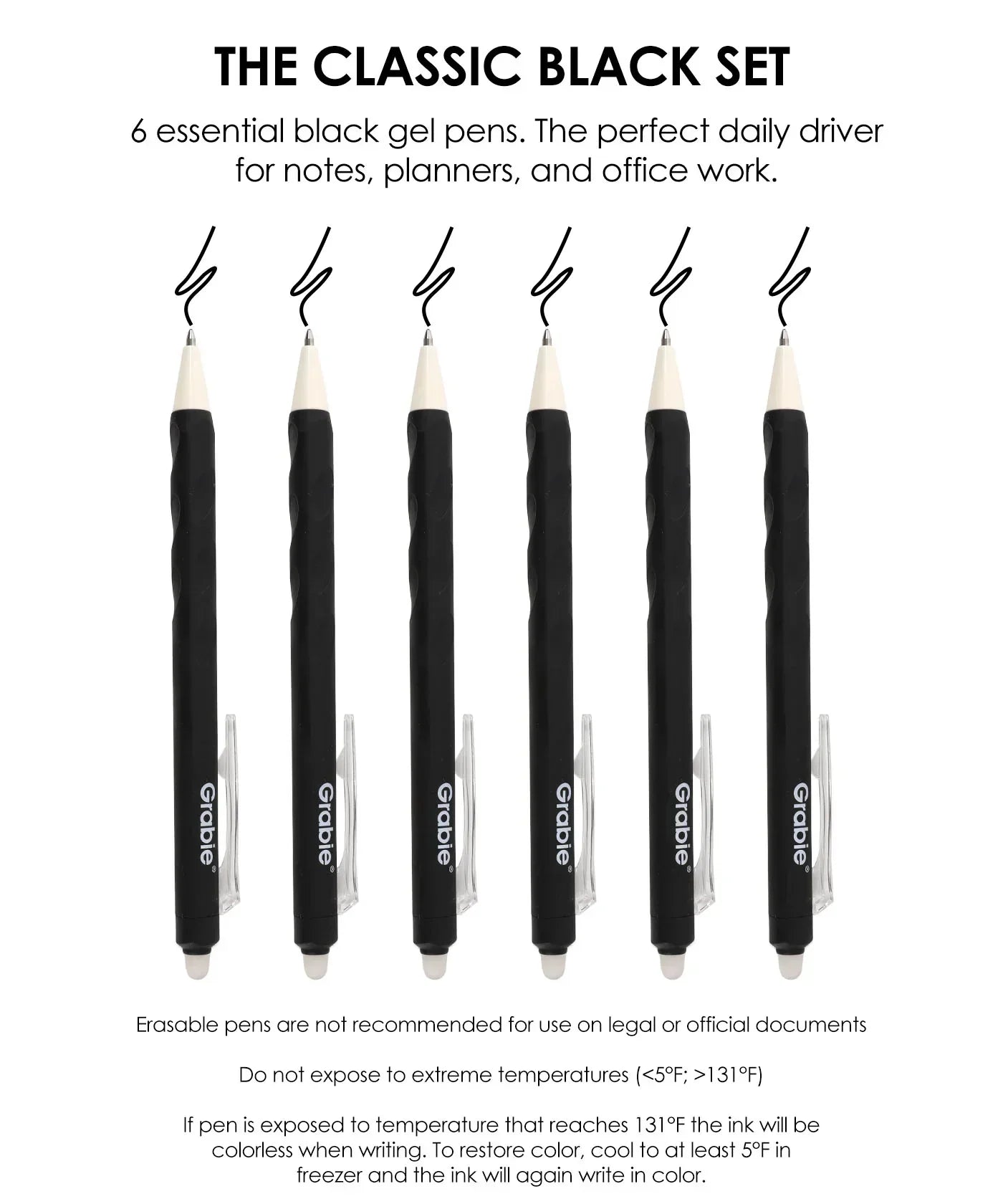 Medium Point Erasable Gel Pen Set showing six black gel pens ideal for notes planners and office work