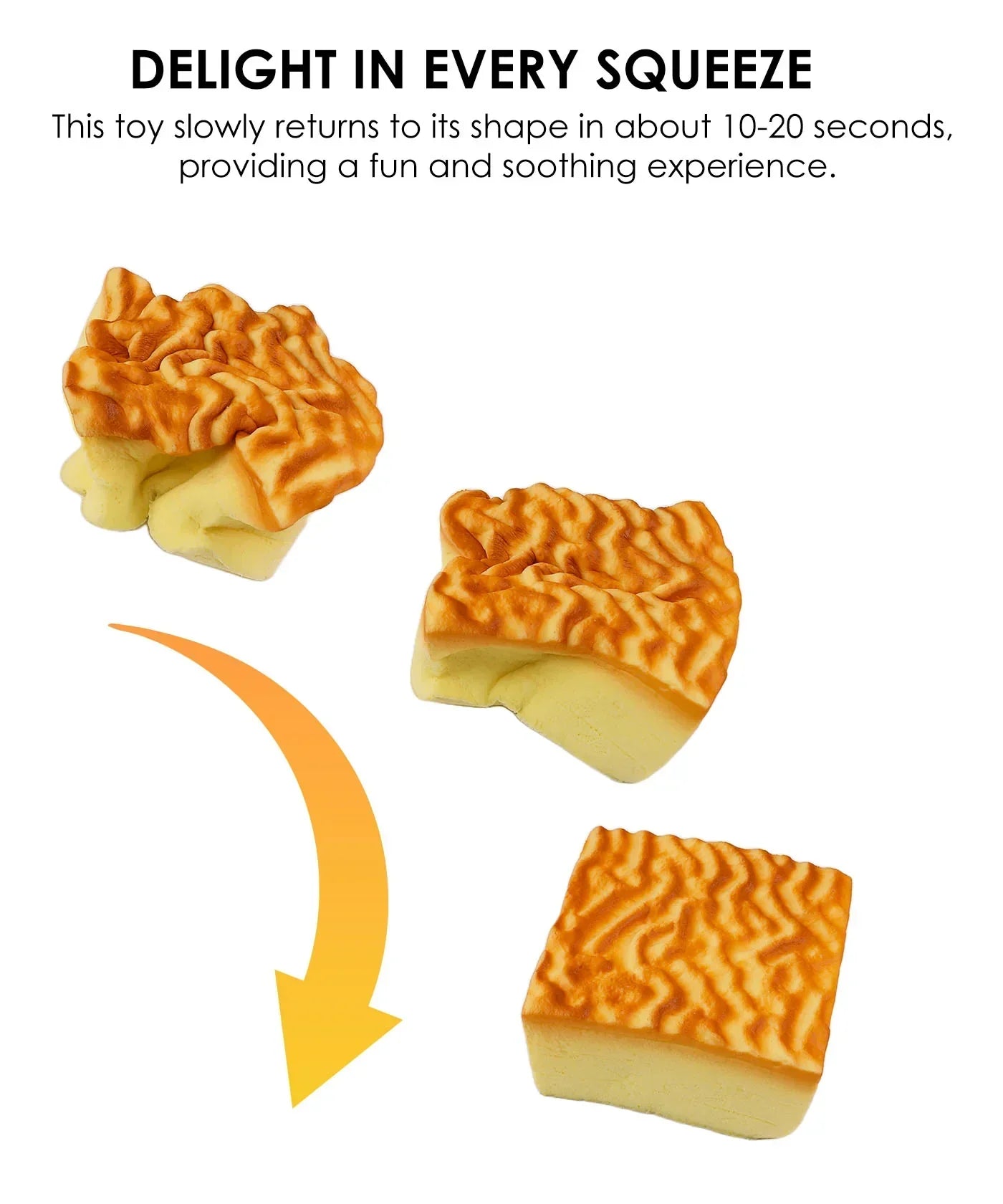 Feel-Good Stress Relief Foam Squishy - Tiger Skin Cake showing slow return to shape after being squeezed for stress relief.