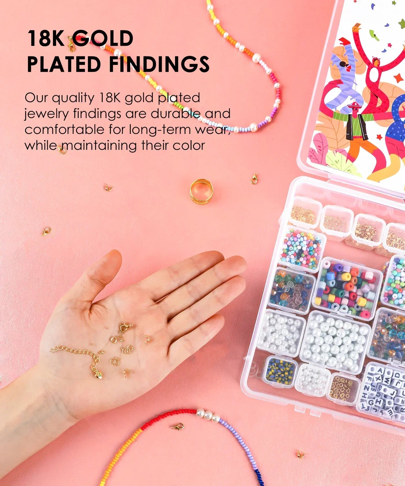 Hand holding gold plated jewelry findings next to an open Grabie Bead Box with colorful beads on a pink surface