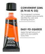 Premium Acrylic Paint Set - 22ml Tubes showing an orange paint tube with black cap and clear labeling for easy use.