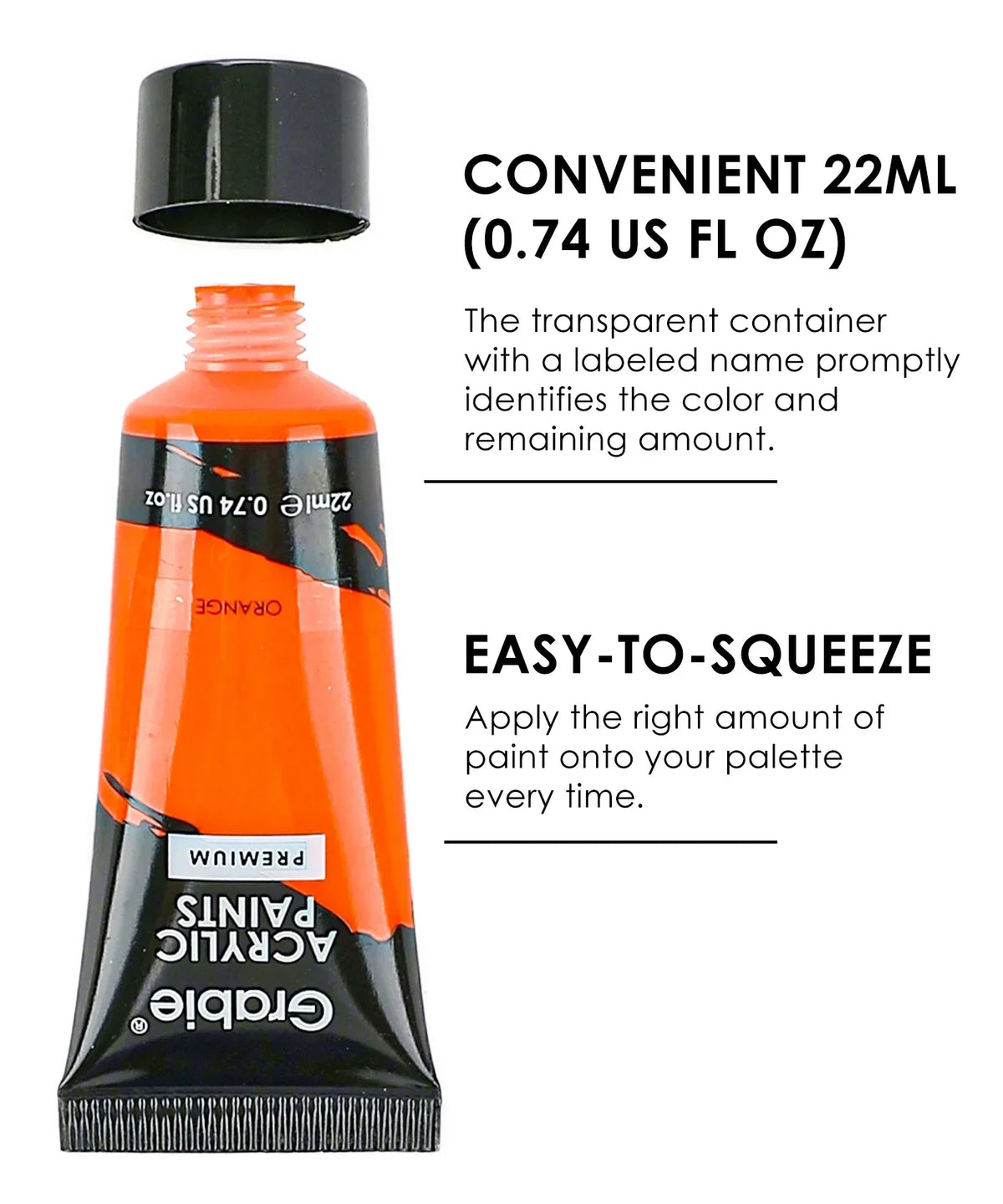 Premium Acrylic Paint Set - 22ml Tubes showing an orange paint tube with black cap and clear labeling for easy use.