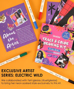Colorful Trace & Color Drawing Kit by Grabie with markers, vibrant illustrations, and artist biography on bright orange background
