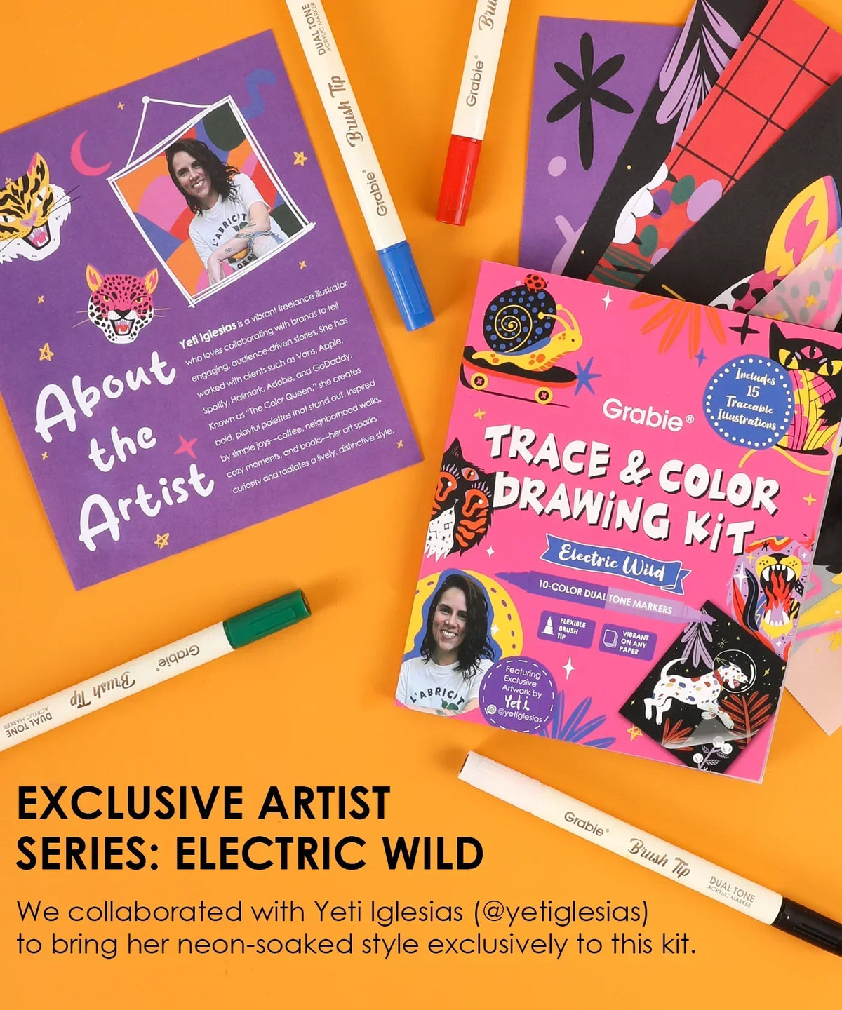 Colorful Trace & Color Drawing Kit by Grabie with markers, vibrant illustrations, and artist biography on bright orange background