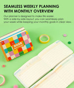 2-IN-1 2025 Monthly & Weekly Planner with colorful cover and open pages showing weekly and monthly layout on green background