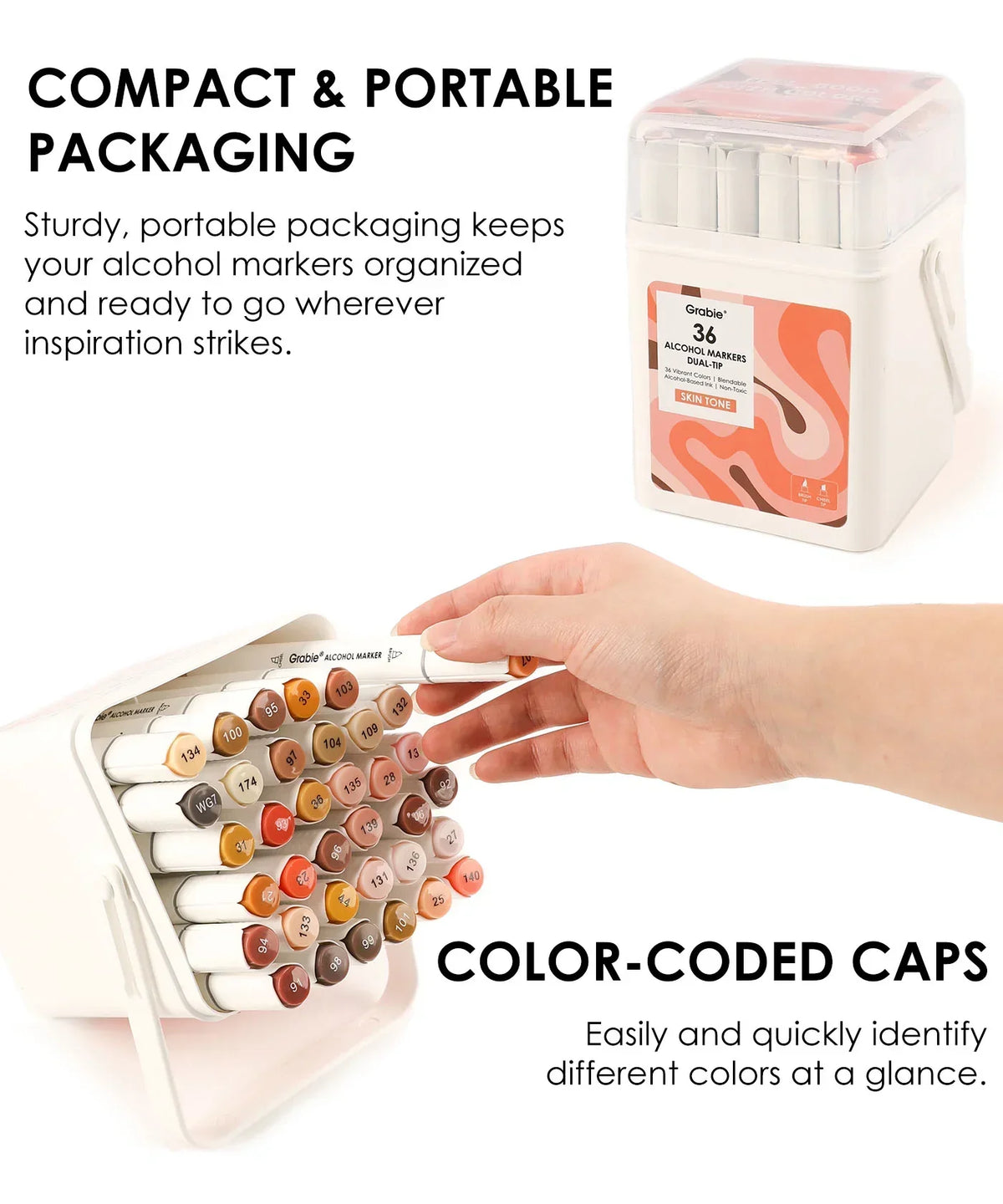 Hand holding a marker from a color-coded Dual-Tip Skin Tone Alcohol-Based Marker Set of 36 in portable packaging for art supplies.