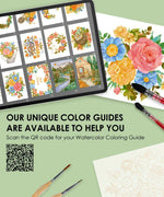 Autumn-Themed Watercolor Coloring Club Box showing watercolor floral art, brushes, and a digital color guide on a tablet.