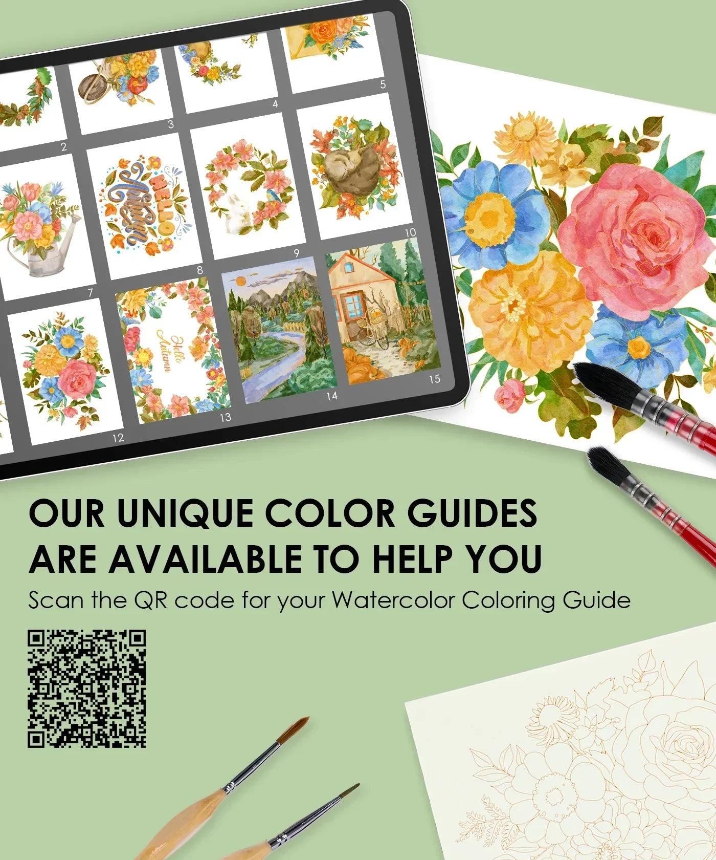 Autumn-Themed Watercolor Coloring Club Box showing watercolor floral art, brushes, and a digital color guide on a tablet.