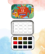 Watercolor Pocket Set of 12 - Landscape Colors featuring vibrant nature-inspired art supplies in a compact tin case.