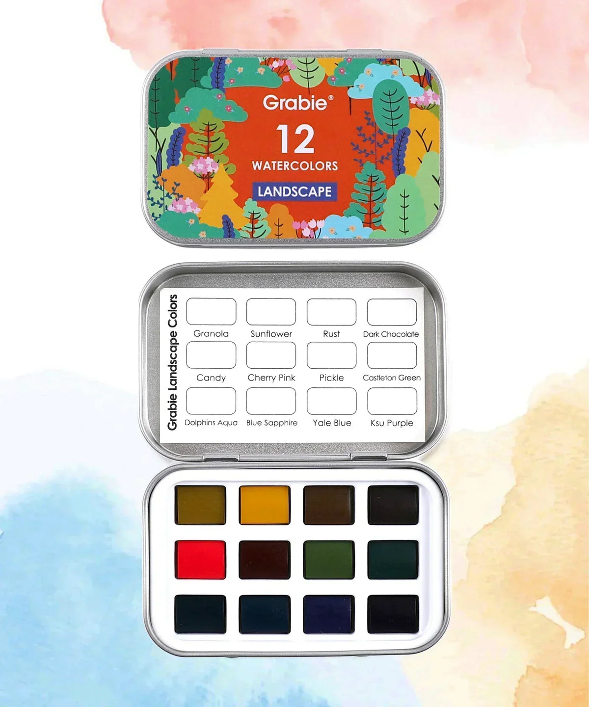 Watercolor Pocket Set of 12 - Landscape Colors featuring vibrant nature-inspired art supplies in a compact tin case.